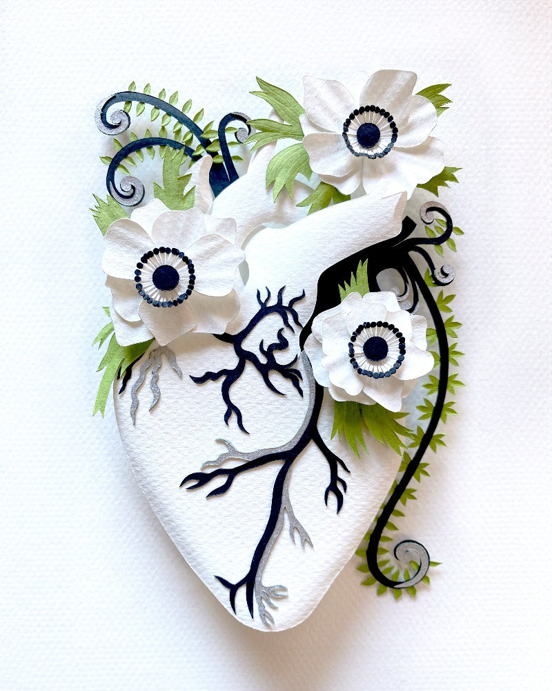 Anatomical heart with anemone flowers made of hand cut paper