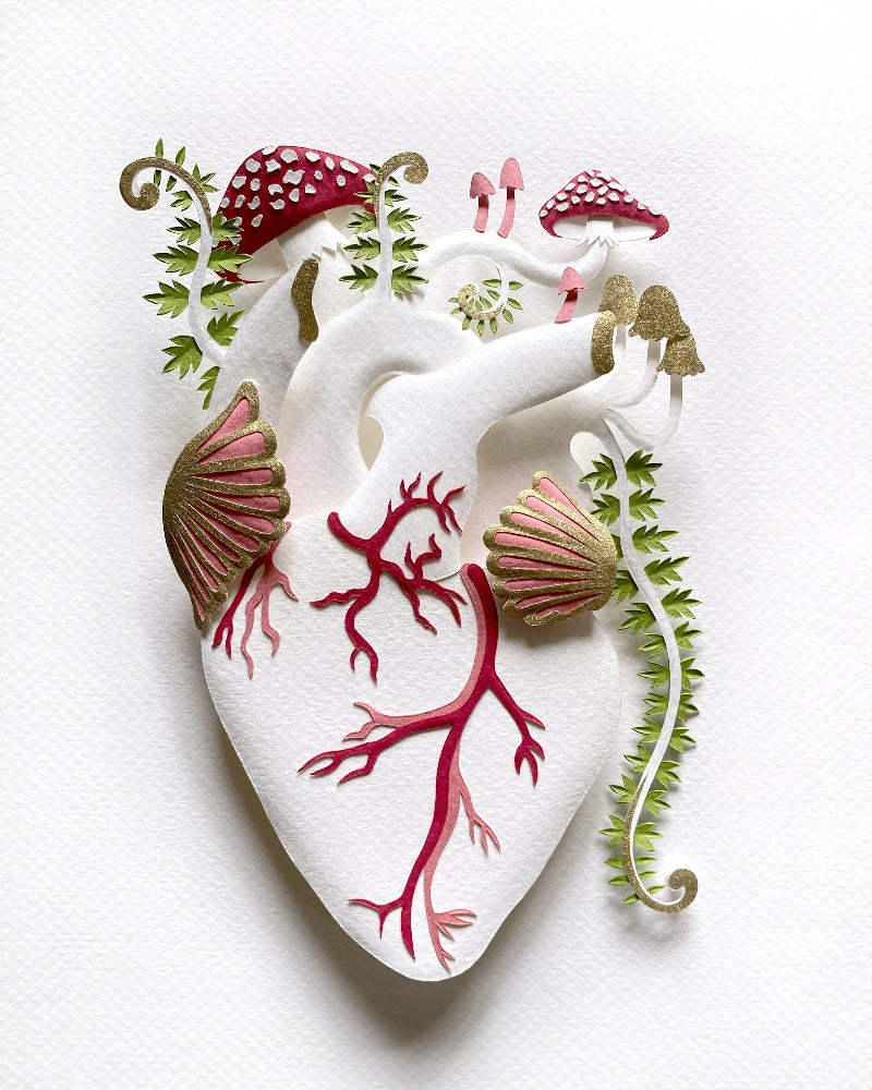 Anatomical heart with fly agaric mushrooms made of hand cut paper