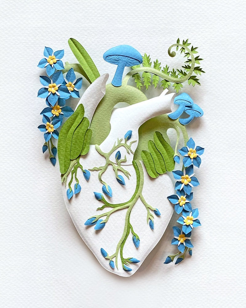 anatomical heart with mushrooms and blue forget-me-not flowers made of hand cut paper