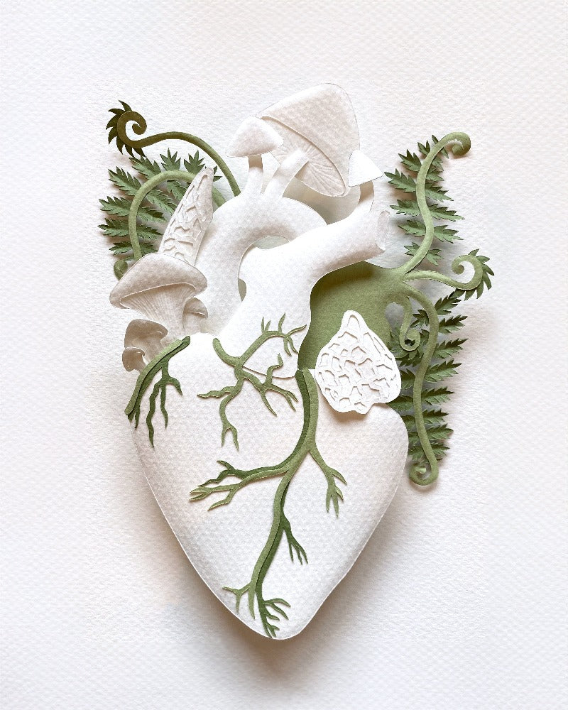 anatomical heart with mushrooms and ferns made of hand cut paper