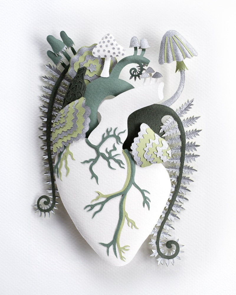 Anatomical heart with mushrooms and ferns made of hand cut paper