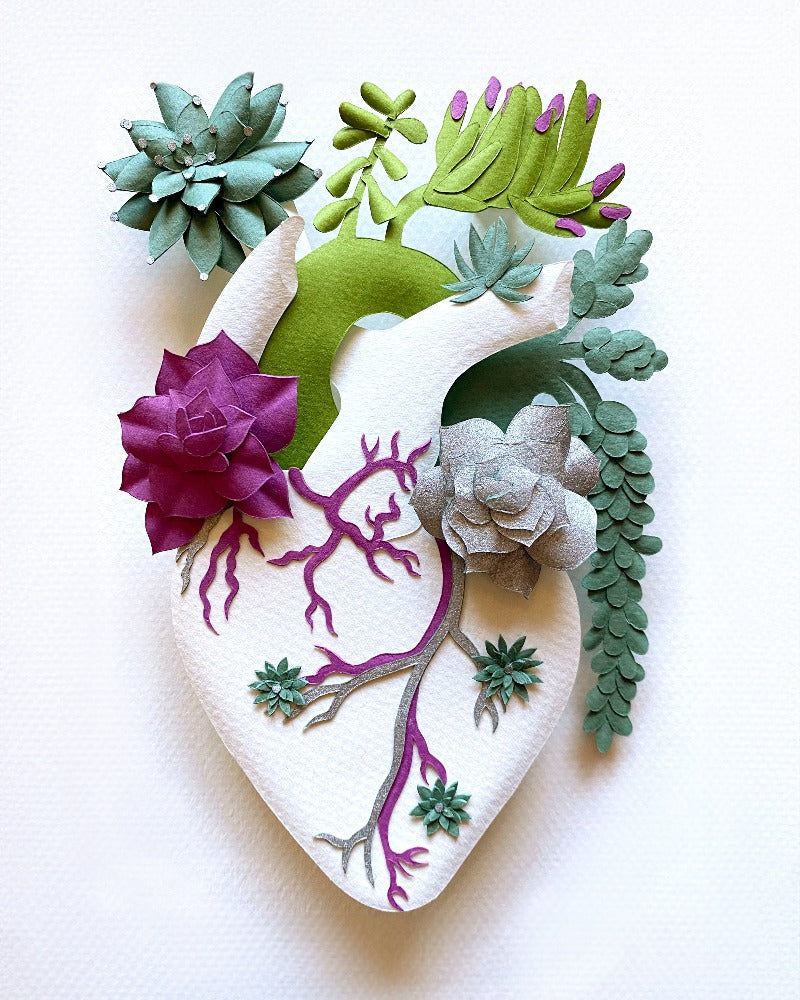 anatomical heart with succulents made of hand cut paper