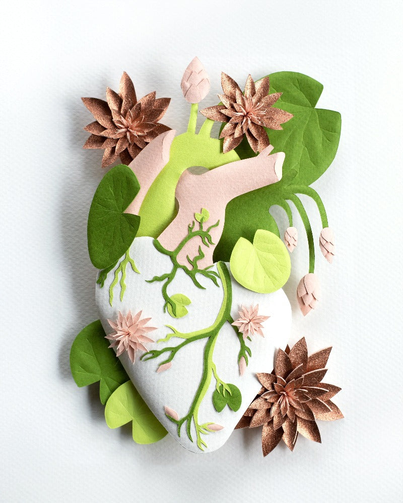 Anatomical heart with waterlilies made of hand cut paper