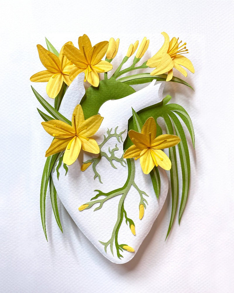 Anatomical heart with yellow daylilies made of hand cut paper