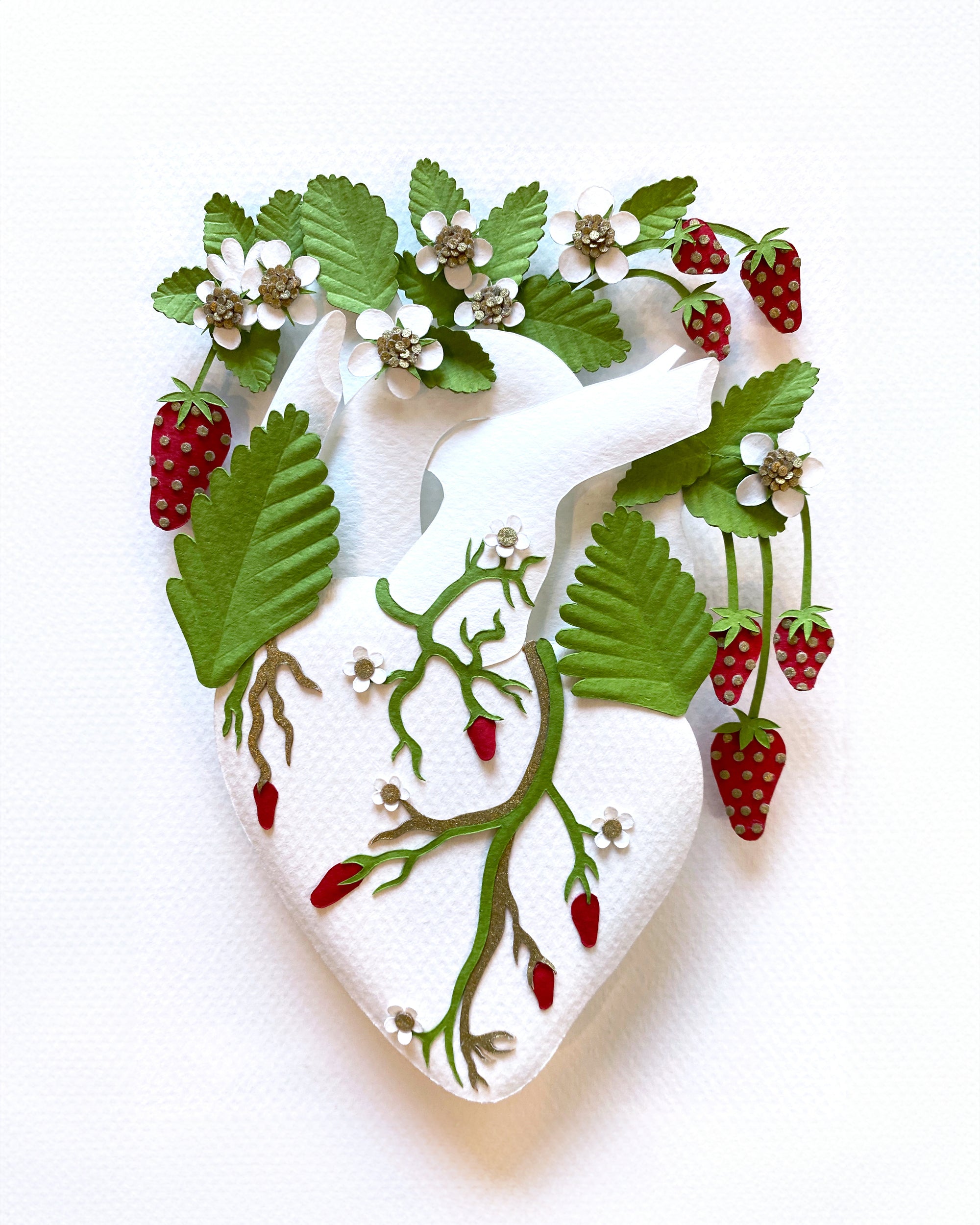 Anatomical heart with strawberries made of cut paper
