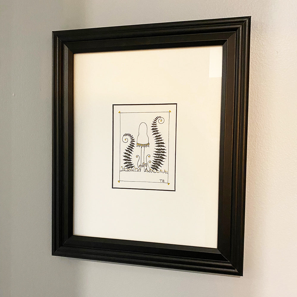 Pen and ink drawing with black and gold ink. mushroom and two ferns on each side reminiscent of a Greek Lyre instrument.